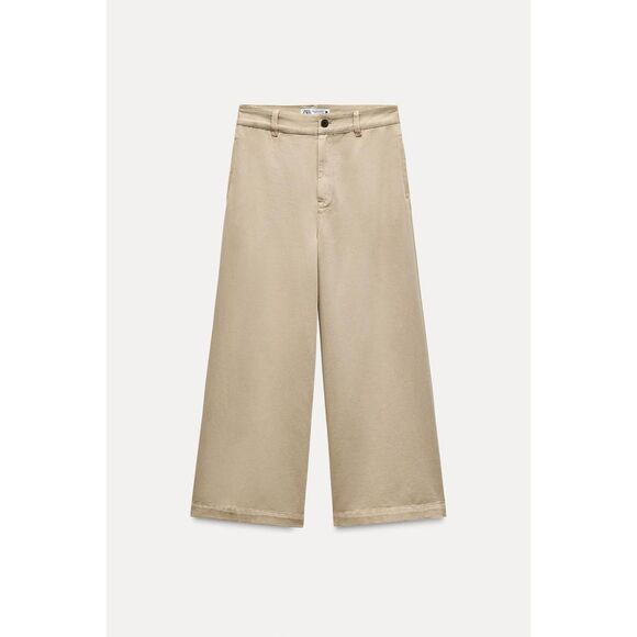 Khaki Brown Zara Lightweight Cropped Wide-Leg Pants (NWT) - Picture 1 of 8